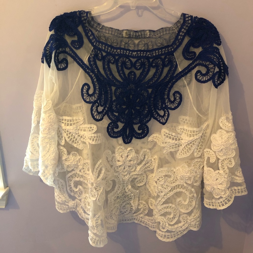 Lace on lace tunic blouse royal blue and white